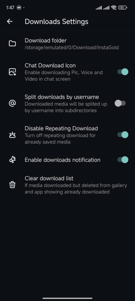 Download settings in Instagold