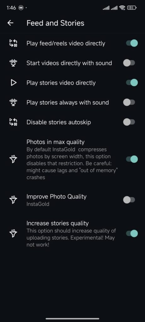 Feed and Stories Customization in Instagold apk