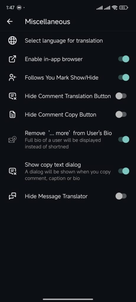 Miscellaneous settings in Instagold app