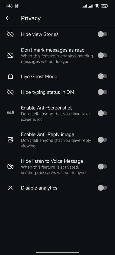 Privacy Options in Golden instagram