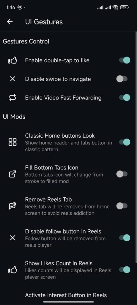 UI Gestures features in Instagram gold apk